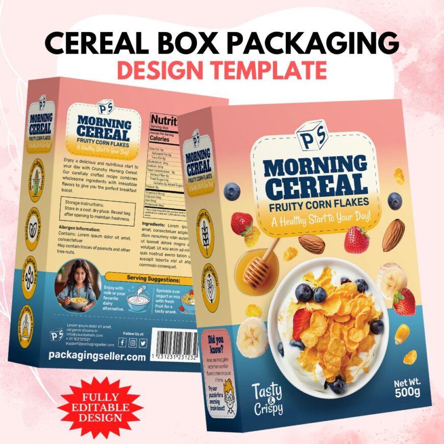 Cereal Corn Flakes Box Packaging Design Template PS324 -1
