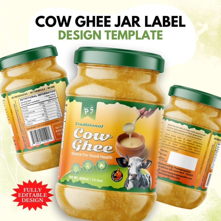 Cow Ghee Jar Label Design Template PS327 -1